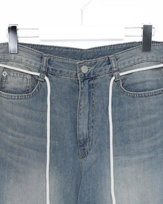 Strap Belt Washed Wide Denim Pants