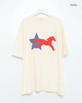 (Unisex) Check Star Dot Horse Patch Half T-Shirt