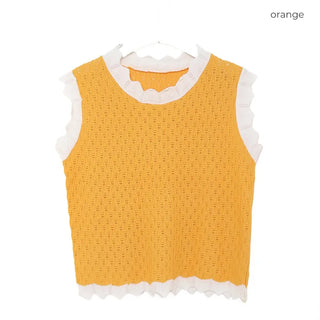 Two-tone perforated knit top