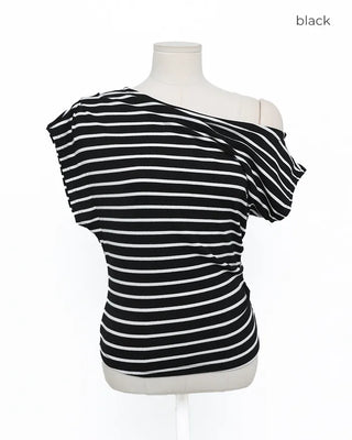 Asymmetrical Off-Shoulder Striped T-Shirt