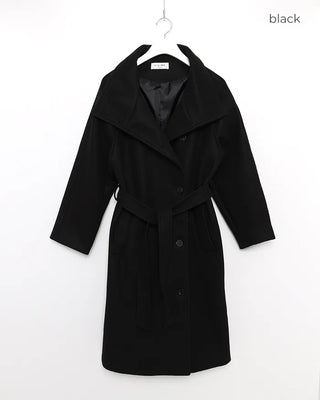 High-neck belted long coat