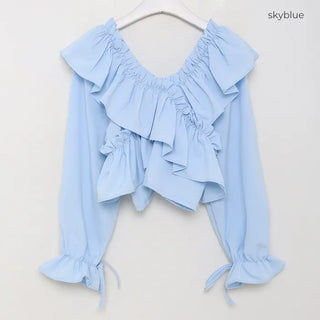 V-neck frill ribbon blouse