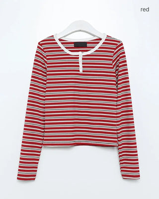 Striped Henley Neck Long T-Shirt