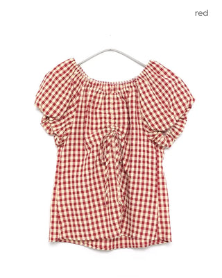 Checked Shirred V-Neck Blouse