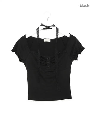 Shirred lace tie T-shirt