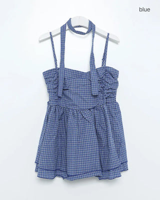 Checked Shirred Camisole Blouse & Scarf Set