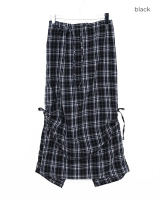 Checked ribbon strap long skirt