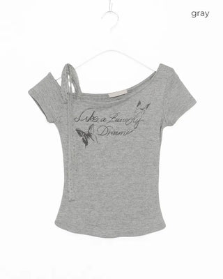 Ribbon Shoulder Butterfly Cap Ribbed T-Shirt