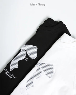 Checked ribbon frill short-sleeved T-shirt