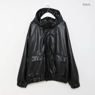 Leather hooded pocket jacket