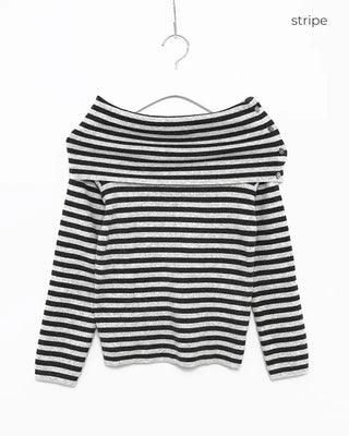 Button-wrap off-shoulder ribbed knit