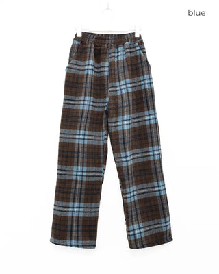 Fleece-lined check pattern elastic waist pants