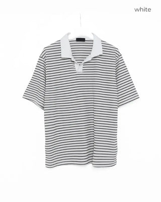 (Unisex) Striped Open Collar Short Sleeve T-Shirt