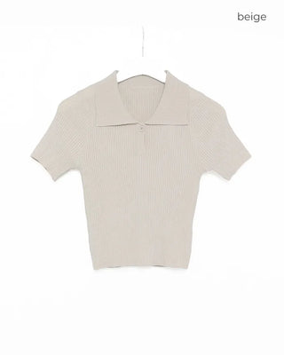 Polo neck semi-cropped ribbed knit T-shirt