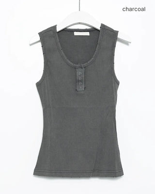 Distressed Snap Henley Neck Ribbed Tank Top