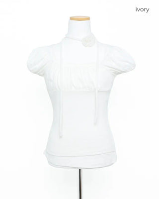 Rose Tie Set Puff Sleeve Gathered Rib Top