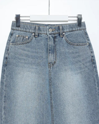 H-line elastic waist long denim skirt