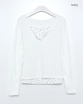 Lace Flower Layered Henley Long T-Shirt