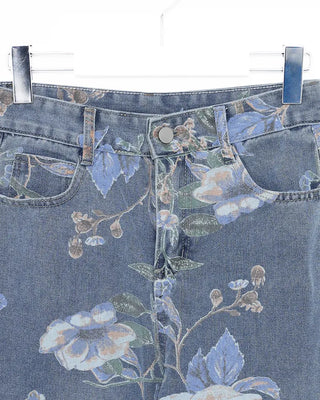 Flower pattern denim pants