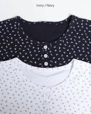 Henley Neck Flower Short Sleeve T-Shirt