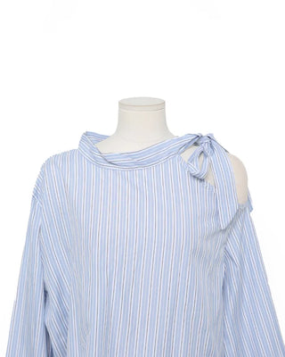 Cut-shoulder tie-neck double stripe blouse