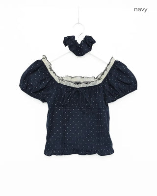 (Set) Polka Dot Puff Blouse and Scrunchie