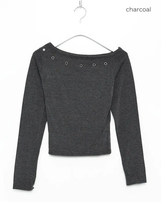 Eyelet Off-Shoulder Long Sleeve T-Shirt