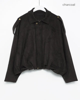 Gathered hem semi-cropped suede blouson jacket