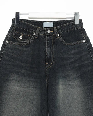 Back flap pocket, whiskered wash jeans