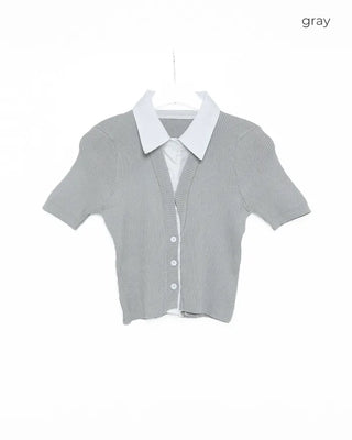 Shirt-layered short-sleeved cardigan