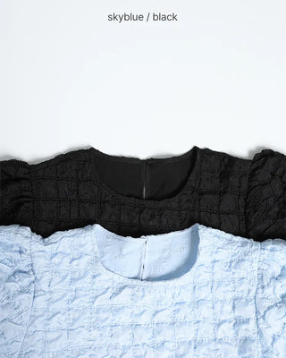 Oversized embossed shirred short-sleeved blouse