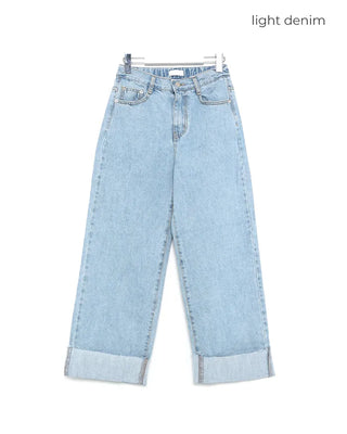 Rolled-up denim wide-leg pants