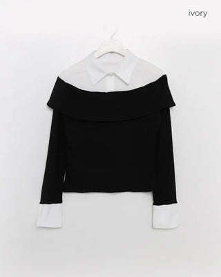 Shirt-layered off-shoulder blouse