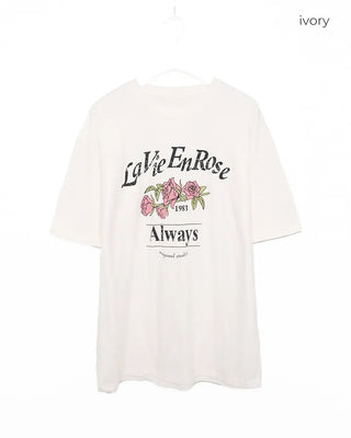 Pigmented floral print loose half-length T-shirt