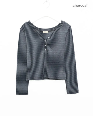 Jewel Neck Border Long Sleeve T-Shirt
