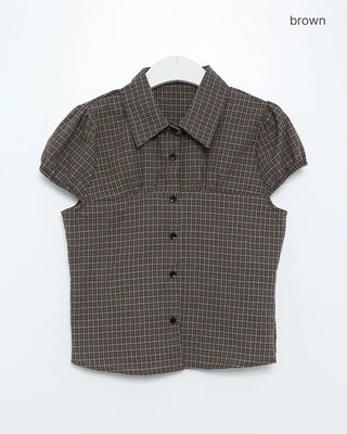 Checked cap-sleeve shirt blouse