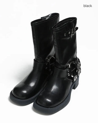 Double-belt round harness mid-calf boots