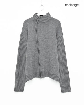 Asymmetrical pleated knit zip-up
