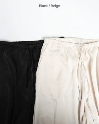 Waistband string silk wide-leg pants