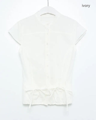 Cap-sleeve drawstring pocket button blouse
