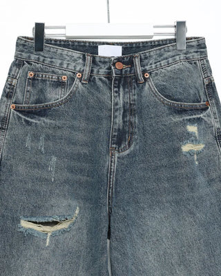 (Unisex) Unique Distressed Wide Straight Jeans