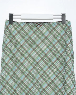 Waist ribbon detail check midi skirt