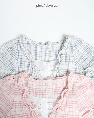 Front Ribbon Check Puff Sleeve Top