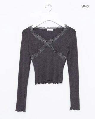 Lace V-neck ribbed slim T-shirt