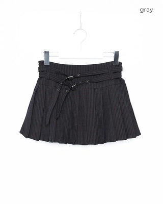 Double-belted pinstripe mini skirt