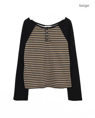 Striped Henley Neck Raglan Long T-Shirt