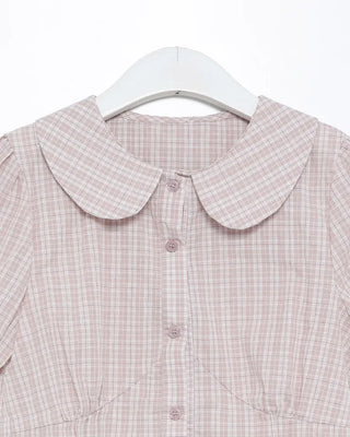 Round collar check short-sleeved blouse