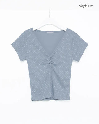 V-neck polka dot shirred short-sleeved T-shirt