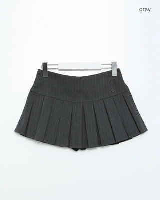 Striped button pleated mini skirt