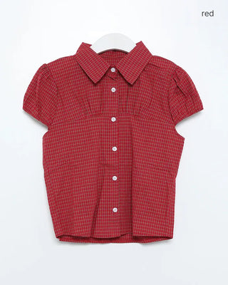 Gingham check puff sleeve shirt